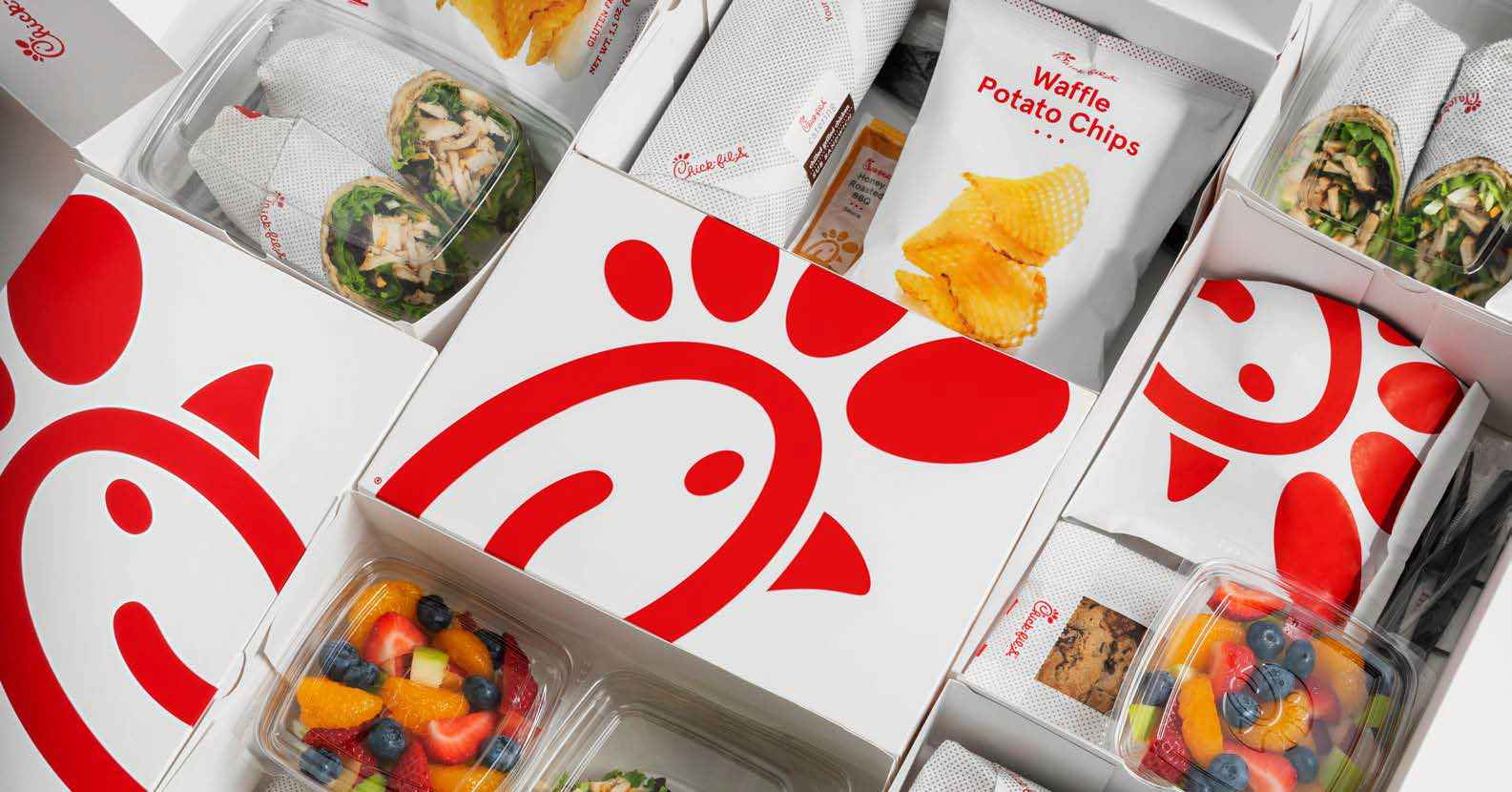Chick-fil-A individually packaged meals like our Cool Wrap® entrees, Fruit Cups and Waffle Potato Chips.  