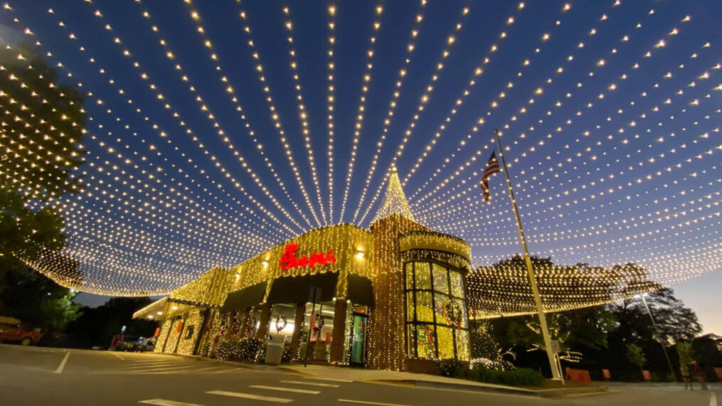 Christmas lights on a Chick-fil-A Restaurant