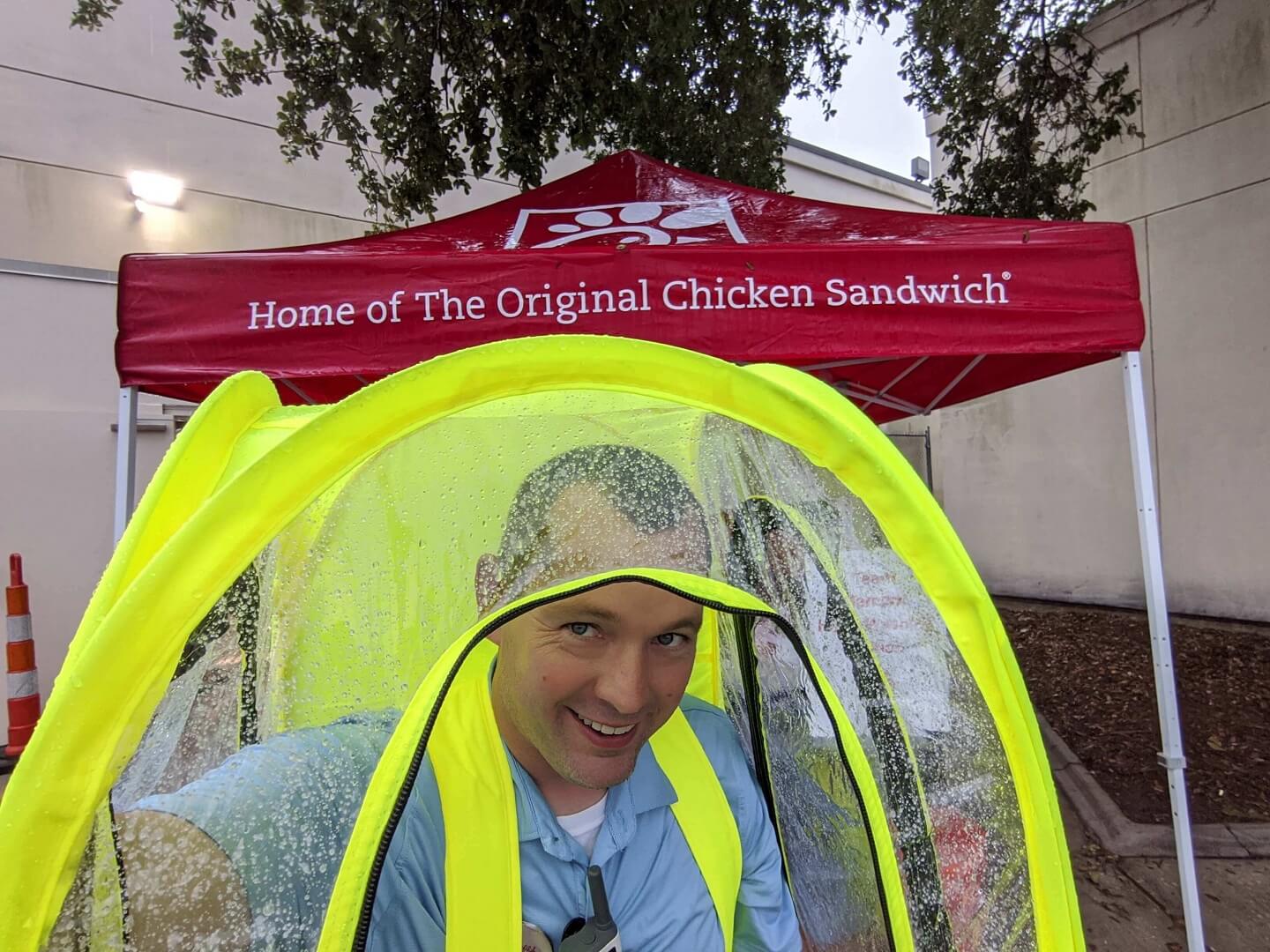 man in body tent