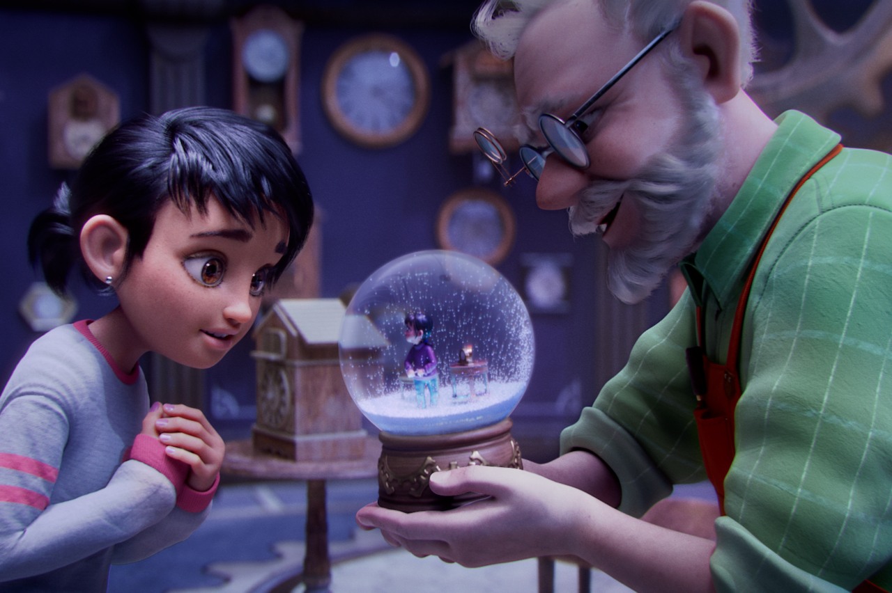 Animated Evergreen Hills image of an inventor holding a snow globe and Sam looking into it. 