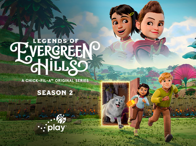 Legends of Evergreen Hills Season 2 graphic with the Sam and other characters outside 