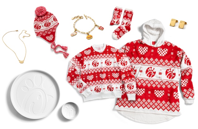 Chick-fil-A Serving Tray and Bowl Set, Chick-fil-A® Waffle Fry Heart Necklace, Waffly Wonderful Earflap Pom Beanie, Chick-fil-A® #1 Meal Charm Bracelet, Waffly Wonderful Crewnecks and Chick-fil-A® Sauce Earrings 