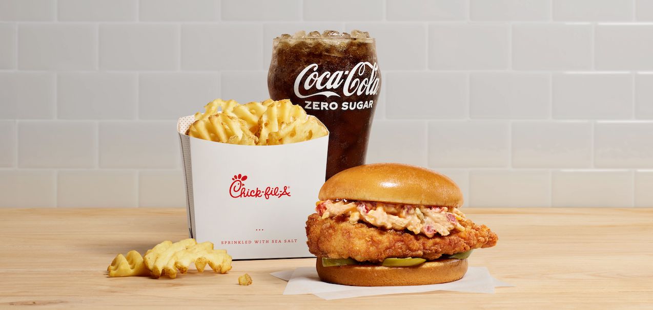 Honey Pepper Pimento Chicken Sandwich Meal with Waffle Potato Fries and Coca-Cola Zero Sugar 