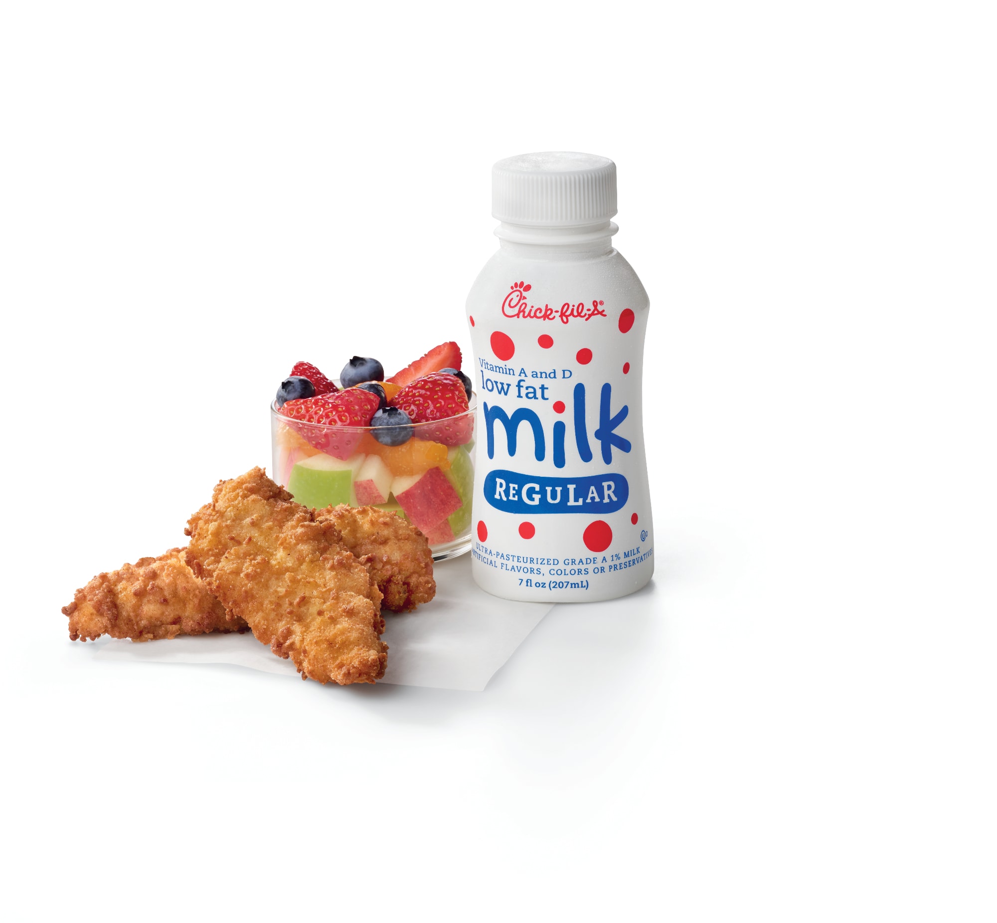Chick-n strips kids meal with a small bowl of assorted fruit and a small milk. 