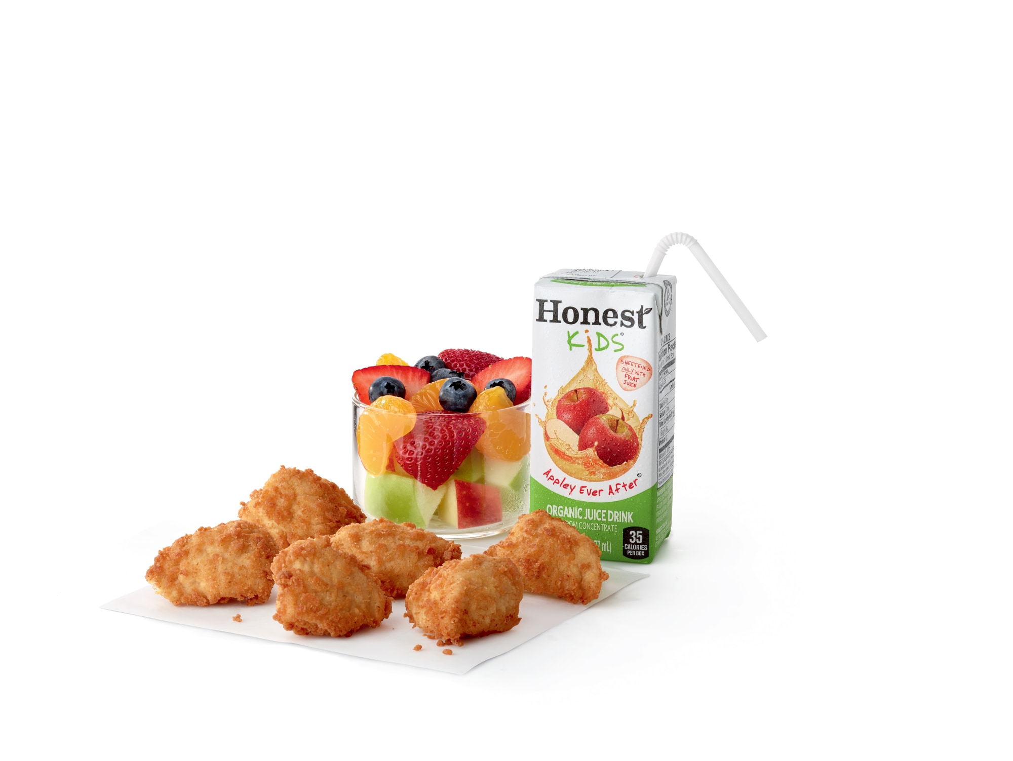 Six piece Chick-fil-A nuggets with Fruit Cup and Honest Kids Apple Juice box. 