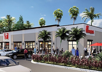 Concept art of a new Chick-fil-A restaurant in Hawaii in the daytime.