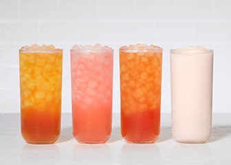 A Watermelon Mint Sunjoy, a Watermelon Mint Lemonade, A Watermelon Mint Iced Tea and a Watermelon Mint Frosted Lemonade are positioned side by side in glasses. 