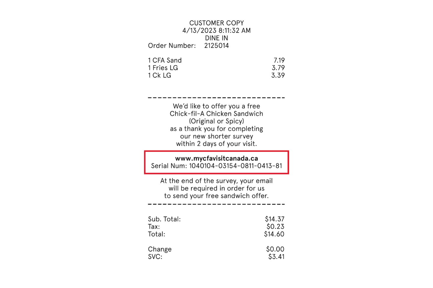 Chick-fil-A receipt with the serial number circled.