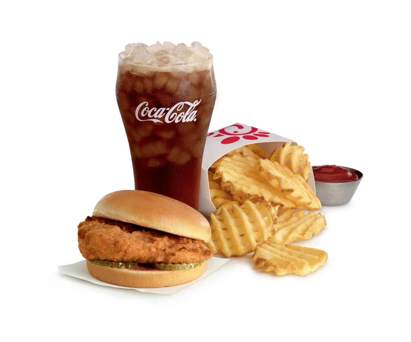 The classic Chick-fil-A Original Chicken Sandwich Meal with Waffle Potato Fries, ketchup and a Coca-Cola.