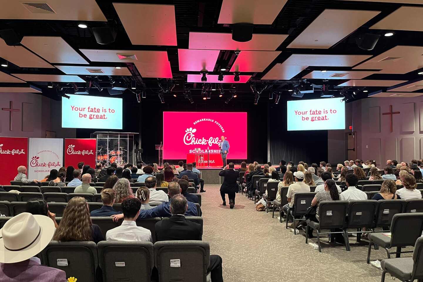 A wide shot of a Chick-fil-A Scholarship meeting.