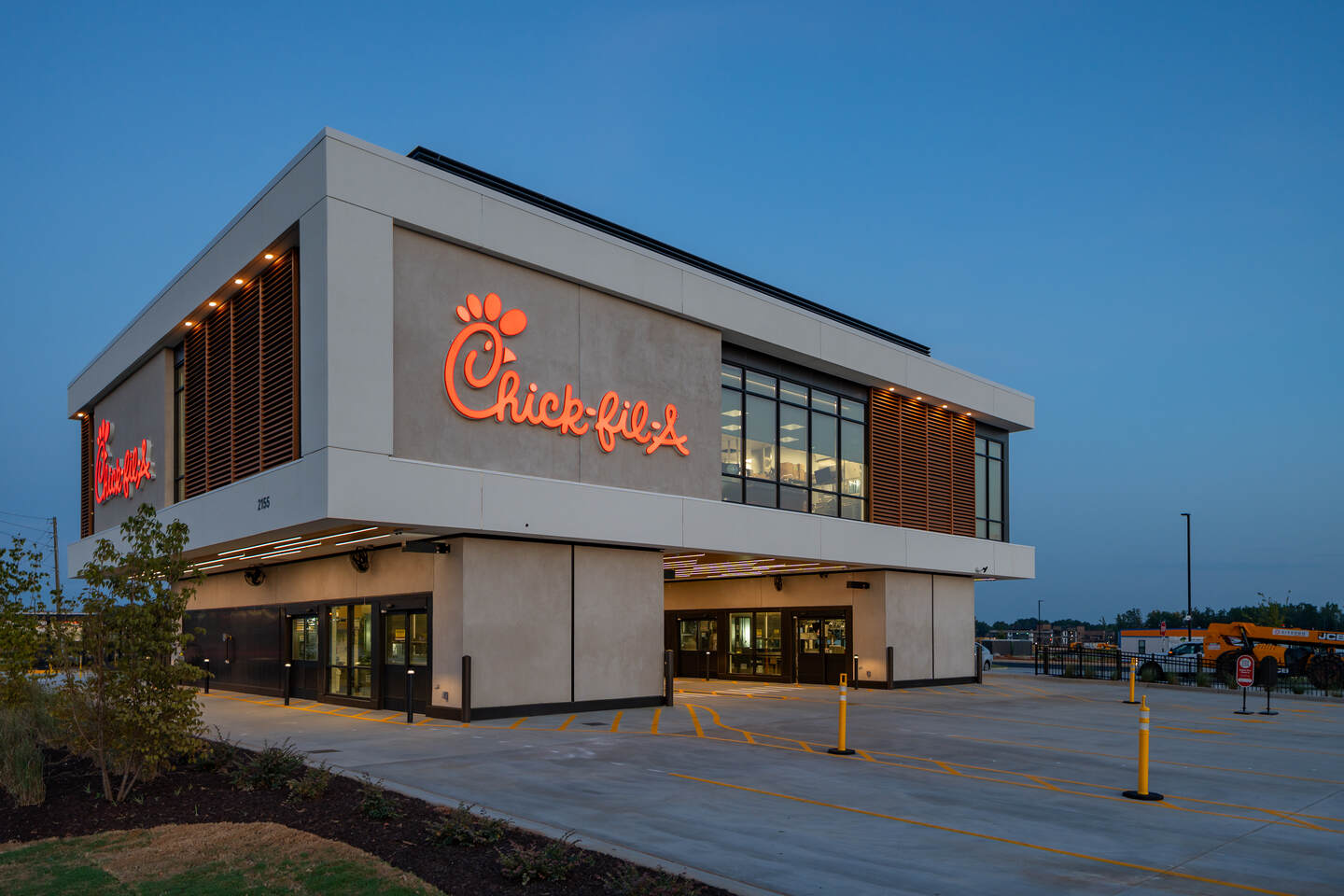 A picture of the new elevated drive-thru restaurant, Chick-fil-A Jodeco Road in McDonough, Georgia at night.