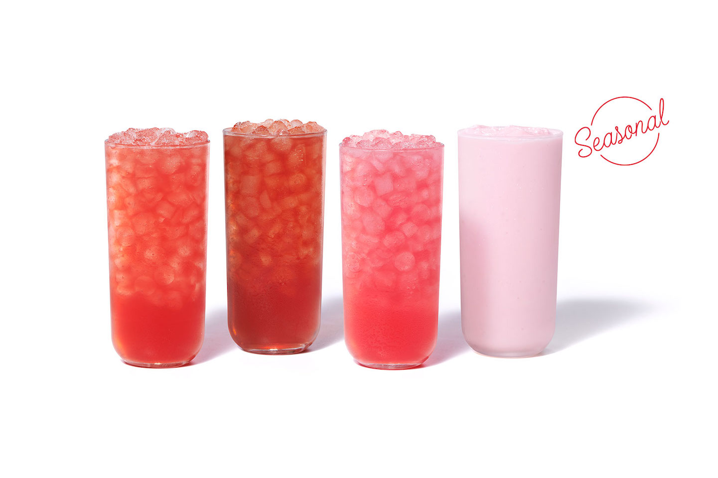 Cherry Berry Sunjoy, Cherry Berry Iced Tea, Cherry Berry Lemonade and Cherry Berry Frosted Lemonade on a white table and a gray background.