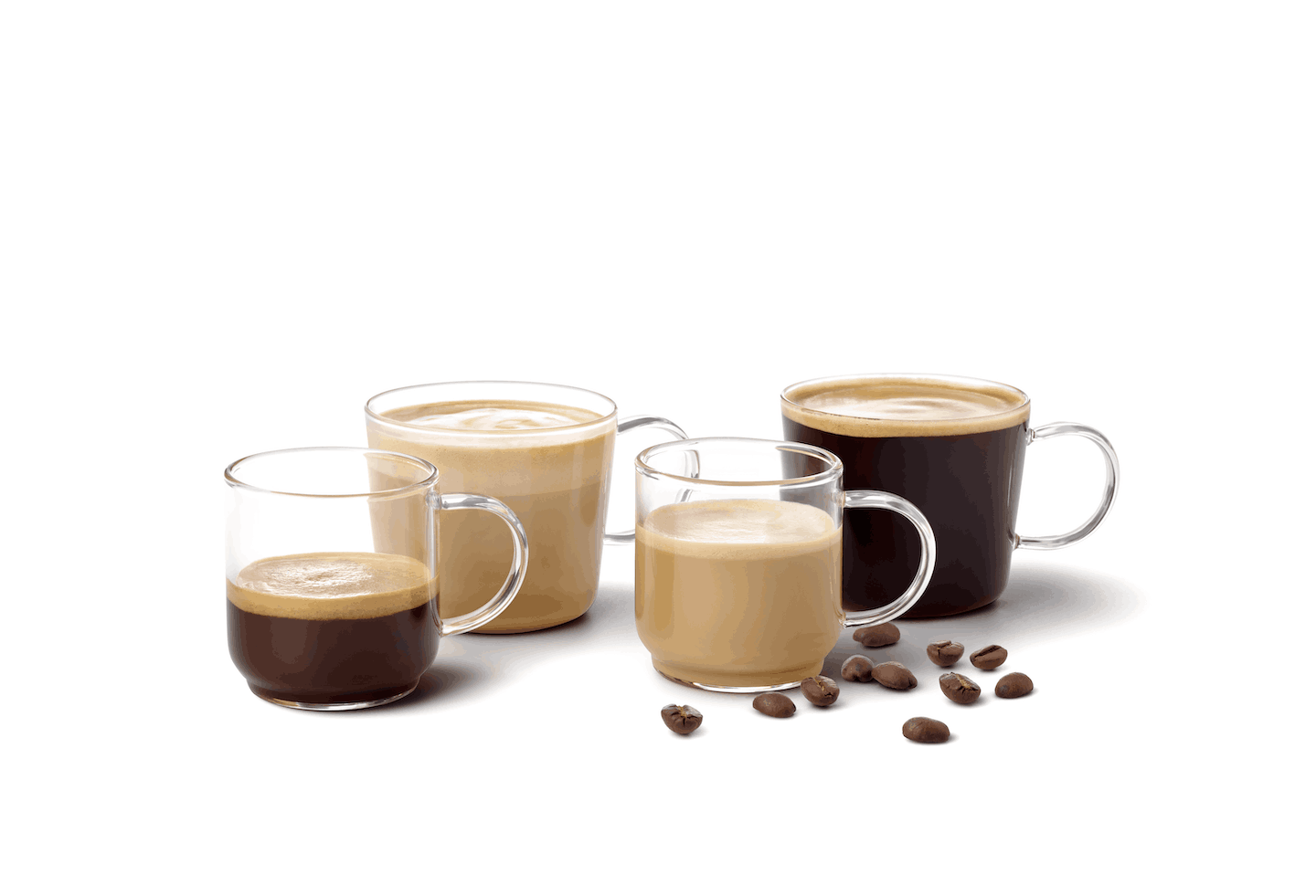 Four clear mugs filled with coffee with a white background and coffee beans around them. 