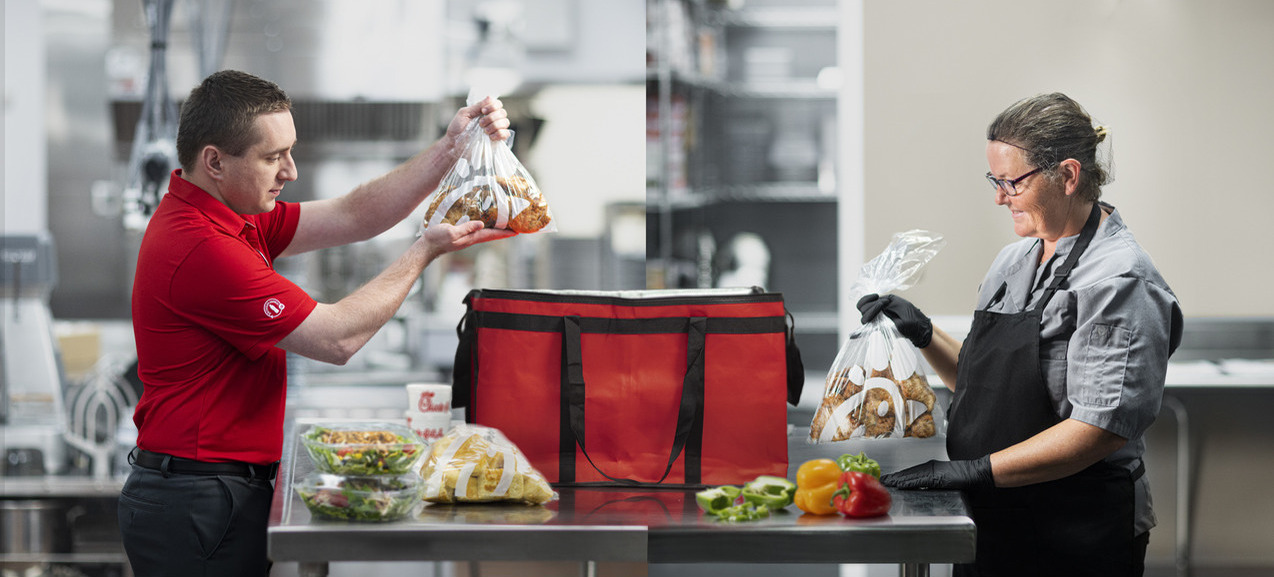 A spliced picture showing a Chick-fil-A Team Member packaging food with a cook unpacking that same food as part of Chick-fil-A Shared Table.