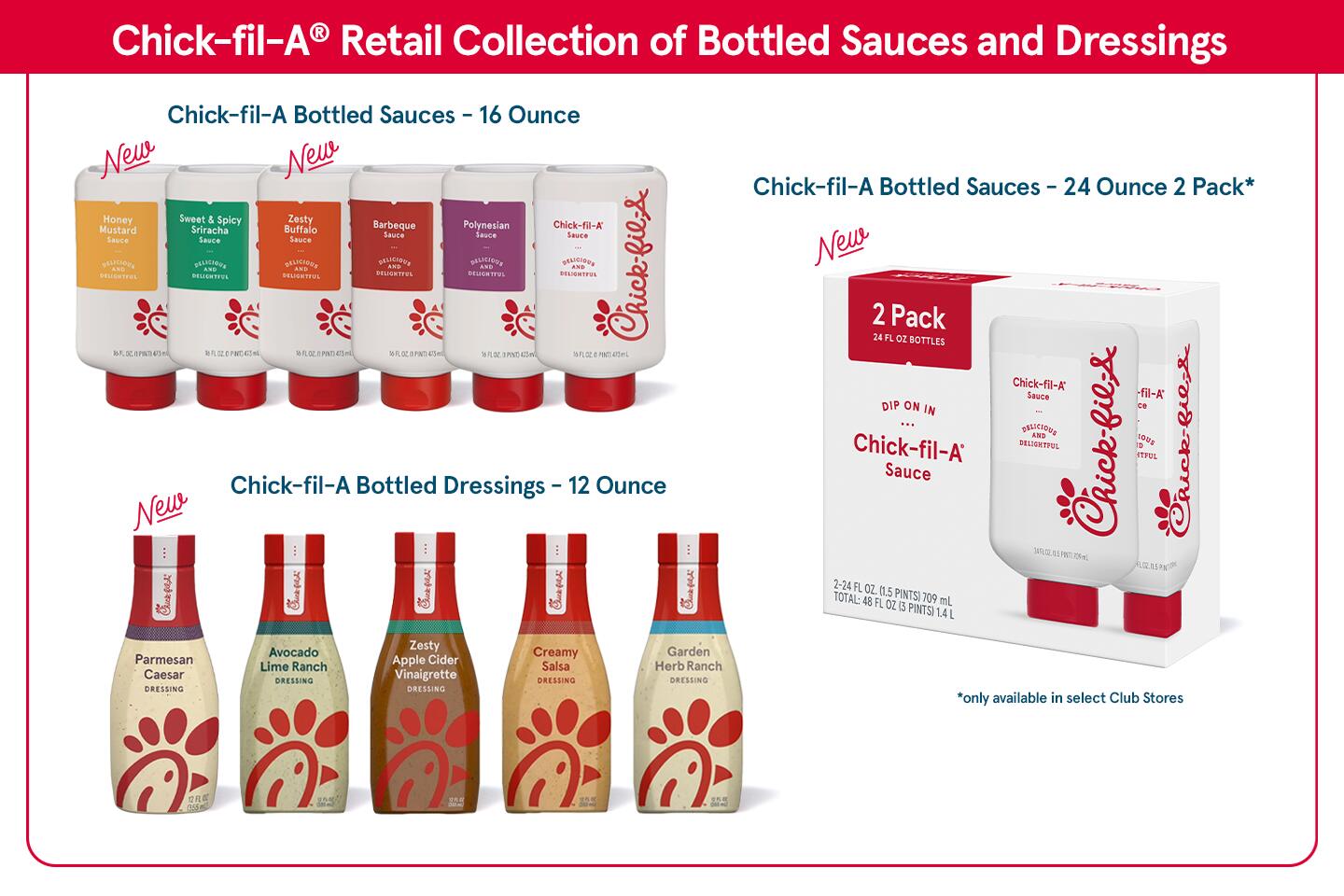 Chick-fil-A's Retail Collection of Bottled Sauces and Dressings.