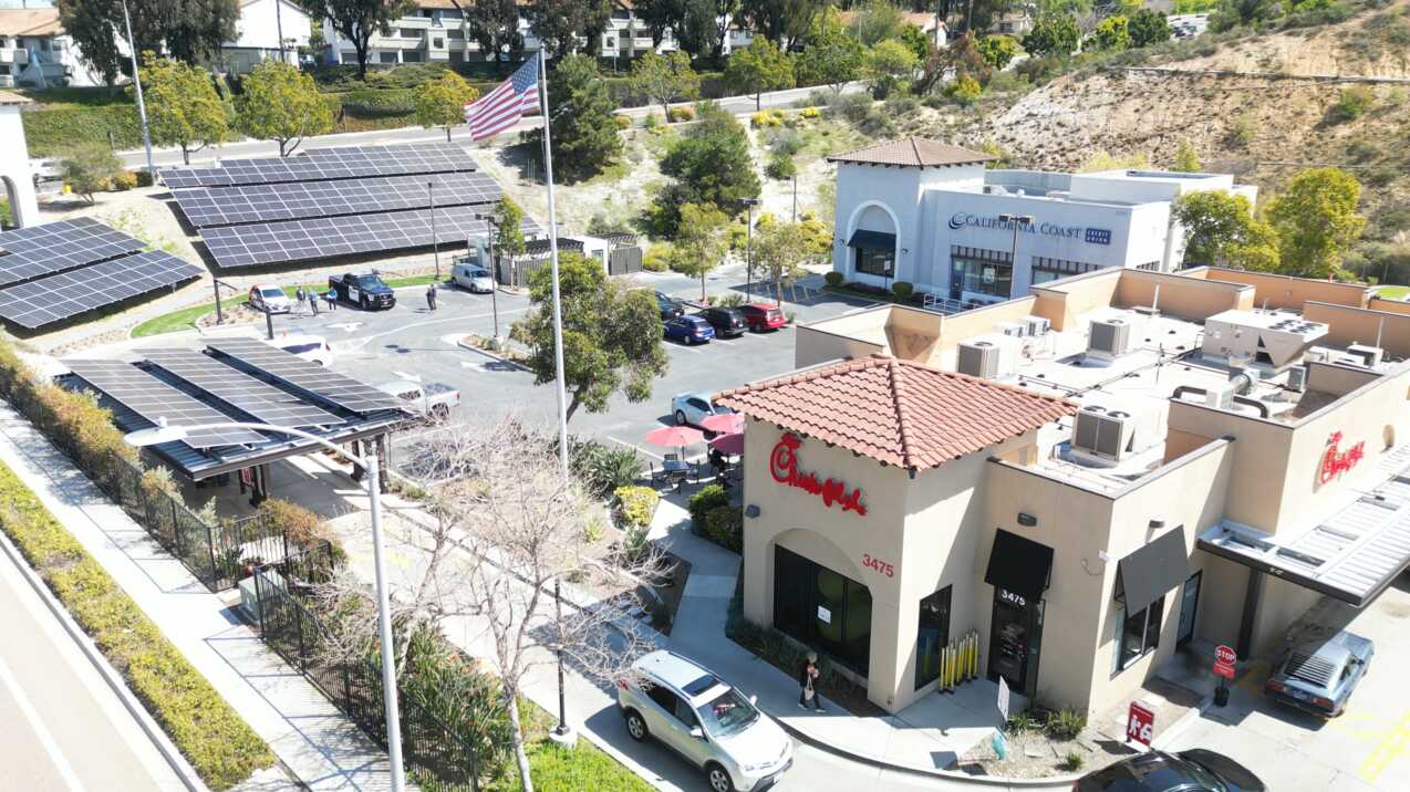 Ariel view of new Solar Microgrid Chick-fil-A Restaurant in Oceanside, California. 