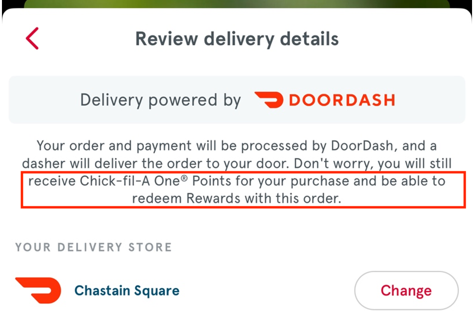 Completing a Chick-fil-A Delivery order through the Chick-fil-A App.