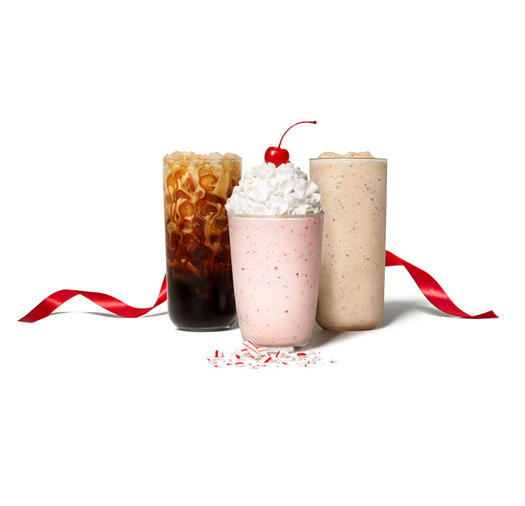 Peppermint Iced Coffee, Peppermint Chip Milkshake and Frosted Peppermint Chip Coffee with a red ribbon behind them