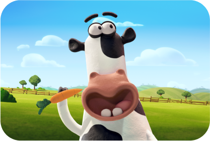 The animated cow Carrots holding a carrot and smiling