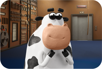 The animated cow Sarge standing inside a building