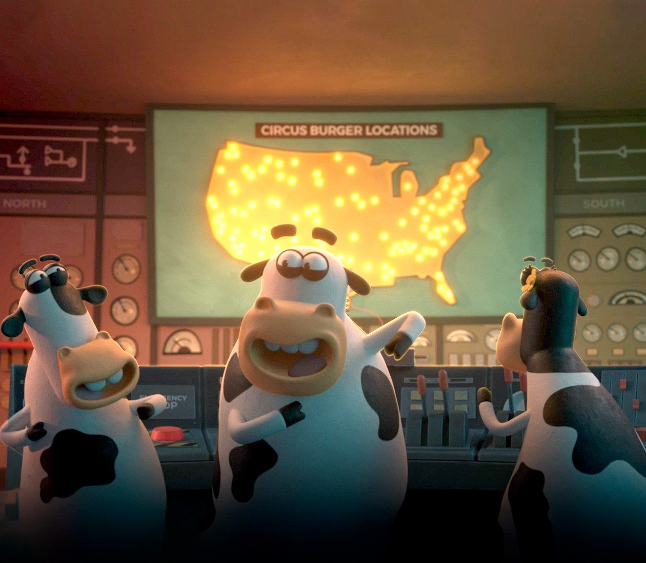 Three animated cows dancing in the Circus Burger control room