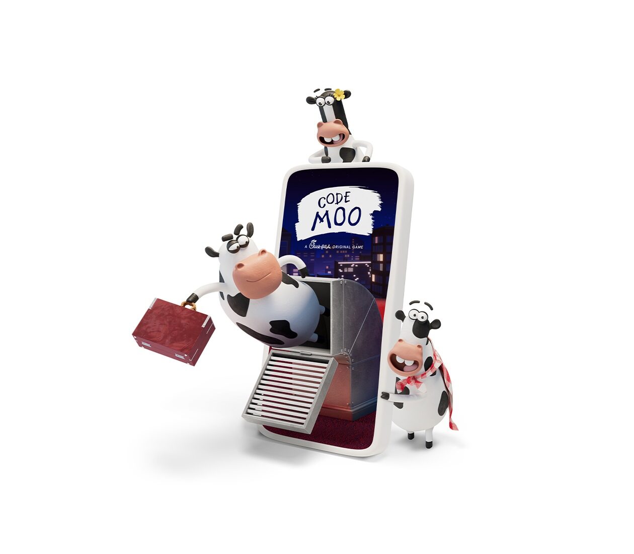 A smartphone with Code Moo logo on it and three animated cows around it