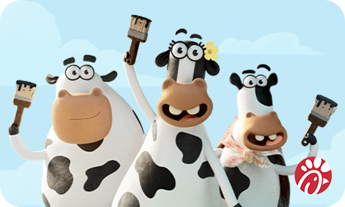 Chick-fil-A gift card with three animated Code Moo cows on it