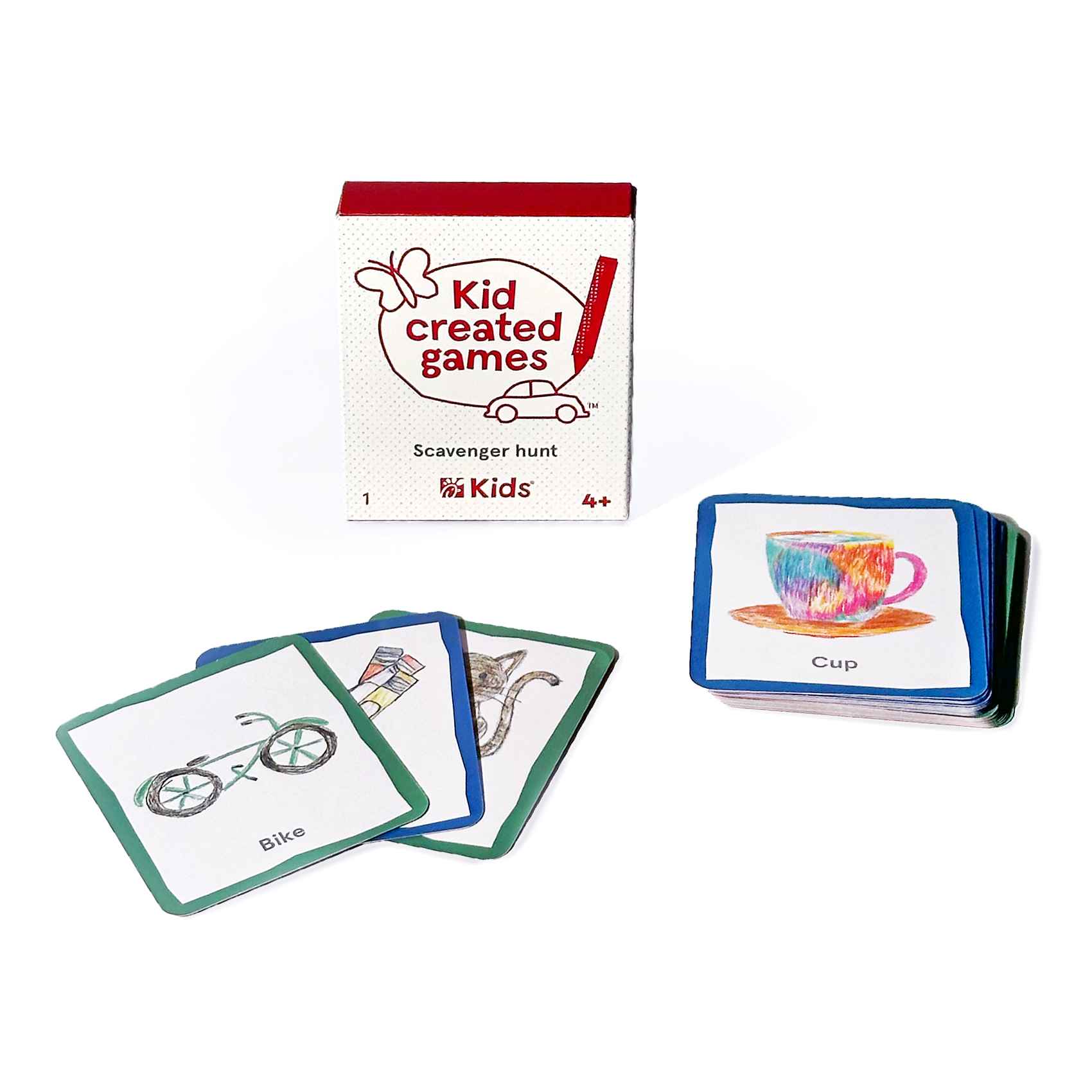 Kid's Meal prize called Scavenger Hunt featuring a deck of cards that a child has colored 