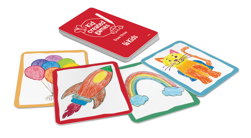 Draw three game cards with kids' drawings on them