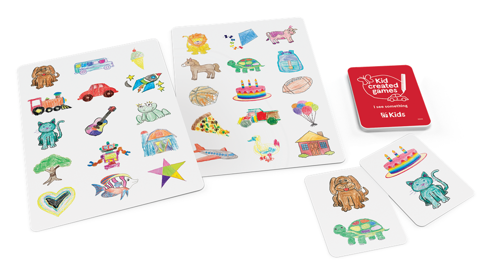 Game board and cards with kids' drawings