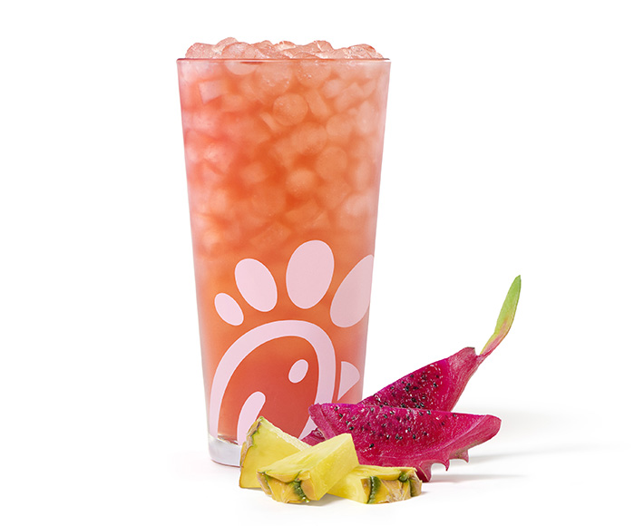 A glass of a Pineapple Dragonfruit Sunjoy® on a white background