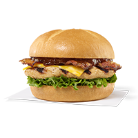 Smokehouse BBQ Bacon Sandwich with Grilled filet sitting on a napkin on a white background
