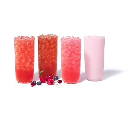 Cherry Berry Sunjoy®, Iced Tea, Lemonade, and Frosted Lemonade on a white background with cherries, blueberries and cranberries