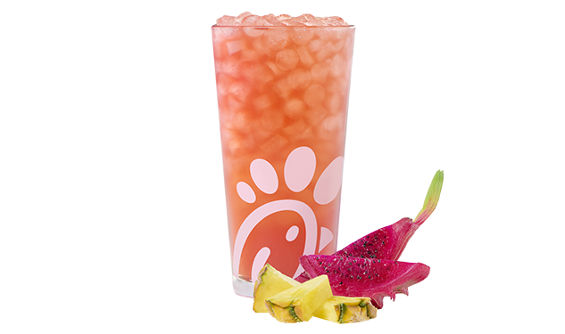A glass of a Pineapple Dragonfruit Sunjoy® on a white background