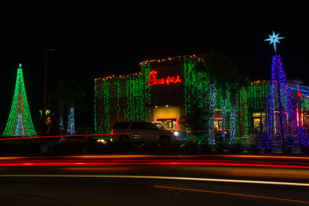 Christmas lights illuminating the outside of Jason Dittman’s Tampa Chick-fil-A restaurant