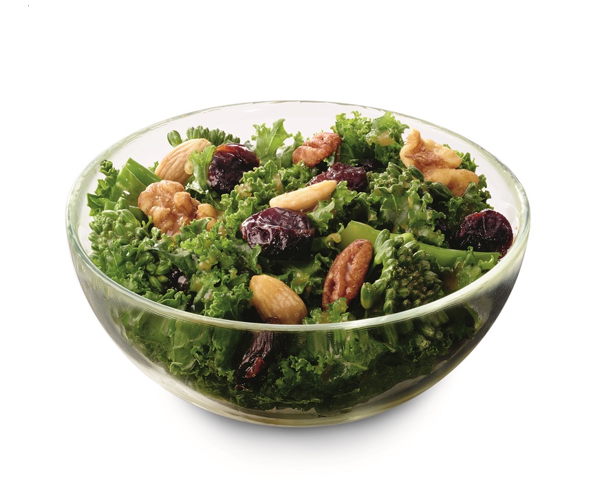 Superfood salad consisting of kale, broccolini, dried sour cherries and a blend of nuts