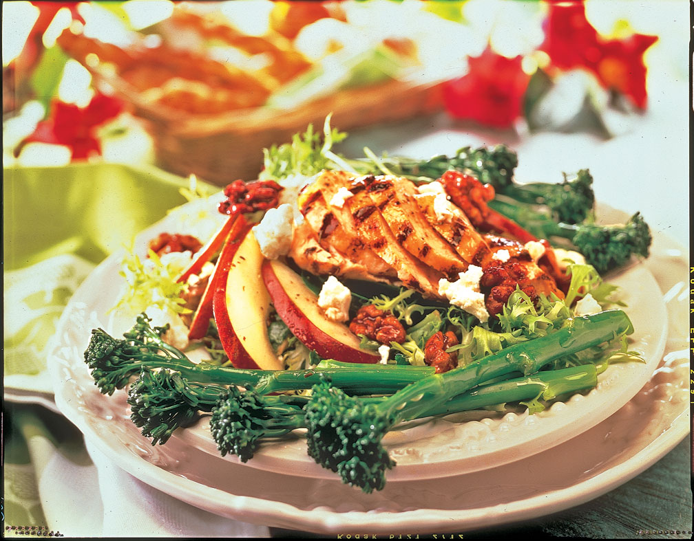 Grilled chicken broccolini salad with goat cheese pecans