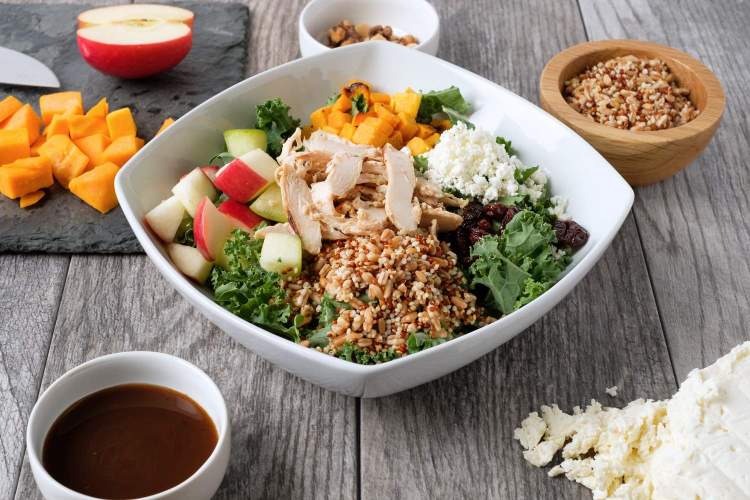 Harvest Kale & Grain Bowl containing a quinoa blend, roasted butternut squash, diced apples, chopped kale, goat and feta cheese blend, dried cherries and roasted nuts