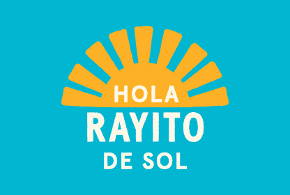 Blue graphic with a rising sun and “Hola rayito de sol”